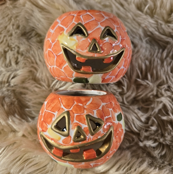 Vintage Glass Ceramic Halloween Pumpkin Lantern Votives Salt Pepper Shakers - Picture 8 of 9